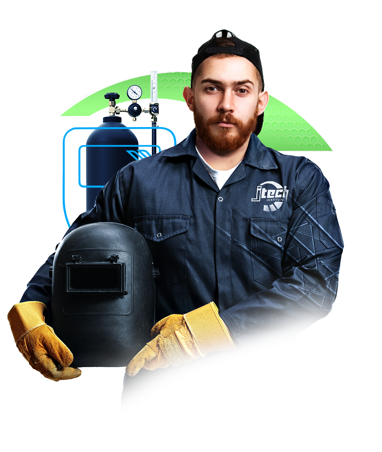 Welding & Fabrication Technology hero. A young, bearded man wearing protective gear is holding a welding helmet.