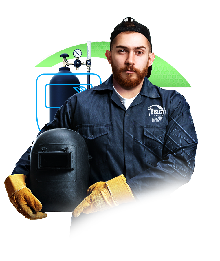 Welding & Fabrication Technology hero. A young, bearded man wearing protective gear is holding a welding helmet.