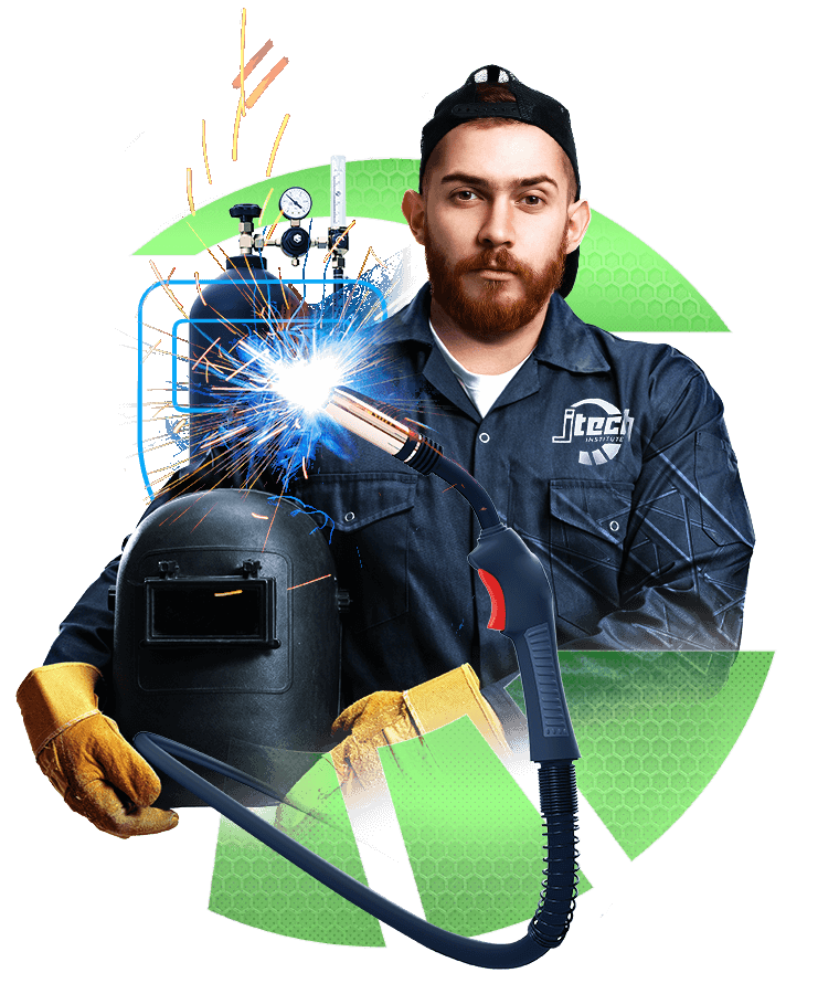Welding & Fabrication Technology hero. A young, bearded man wearing protective gear is holding a welding helmet, surrounded by the J-Tech tachometer logo and a welding torch and gear..