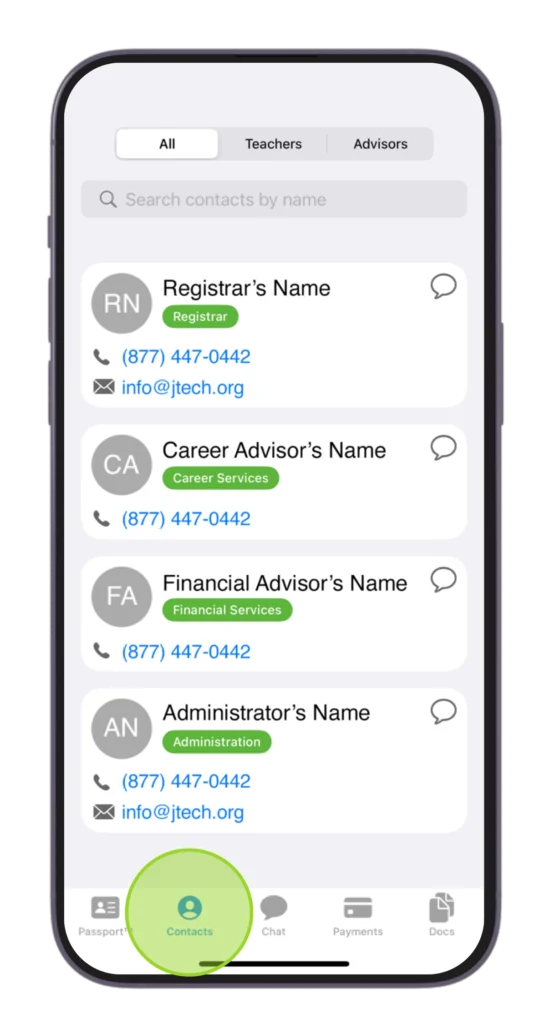 phone showing list of contacts in the Verity application